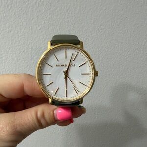 Michael Kors Green Leather Strap Gold-Tone Women's Watch with White Dial